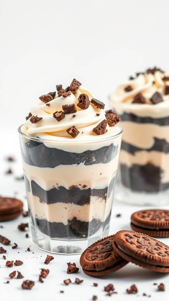 Delicious No-Bake Oreo Cheesecake Cups with crushed Oreos and whipped topping.