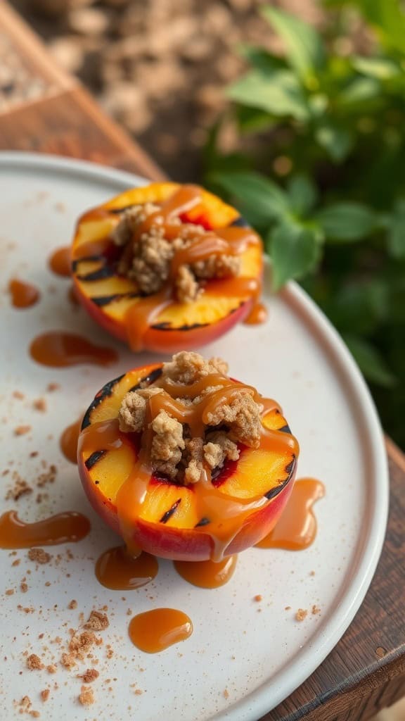 Grilled peaches topped with crumble and caramel sauce on a white plate