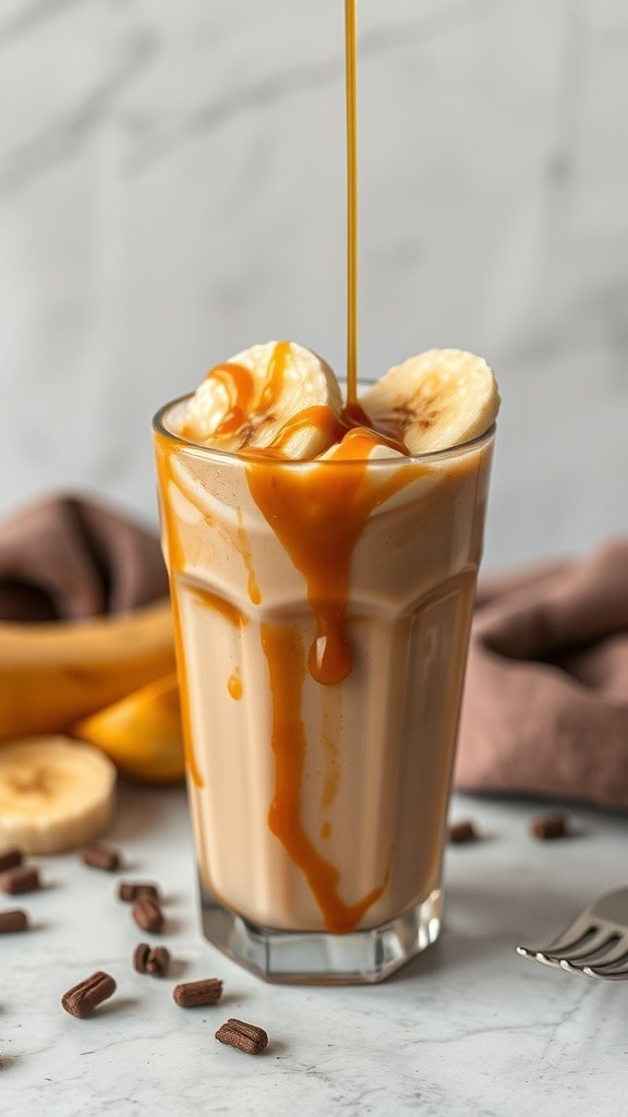 A refreshing Caramelized Banana Cold Brew drink with sliced bananas and caramel drizzle