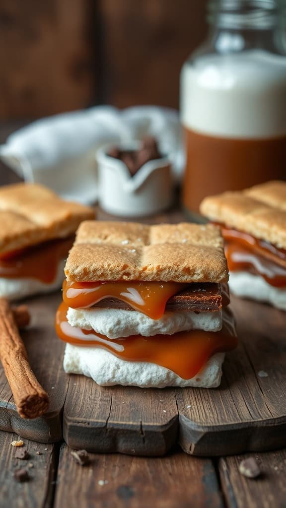 Delicious salted caramel s'mores with graham crackers and a bottle of milk.