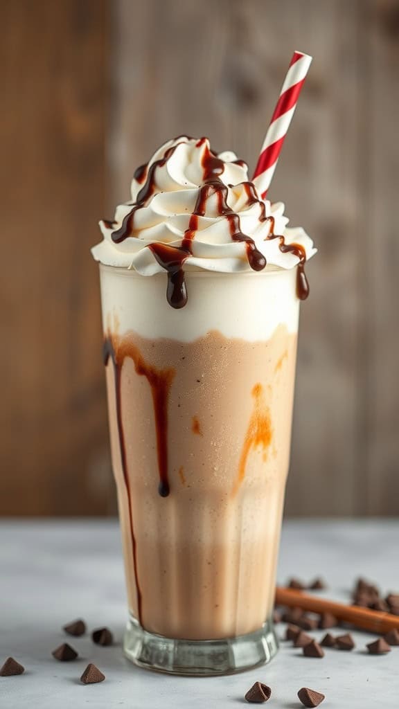 A delicious root beer milkshake topped with whipped cream and chocolate syrup.