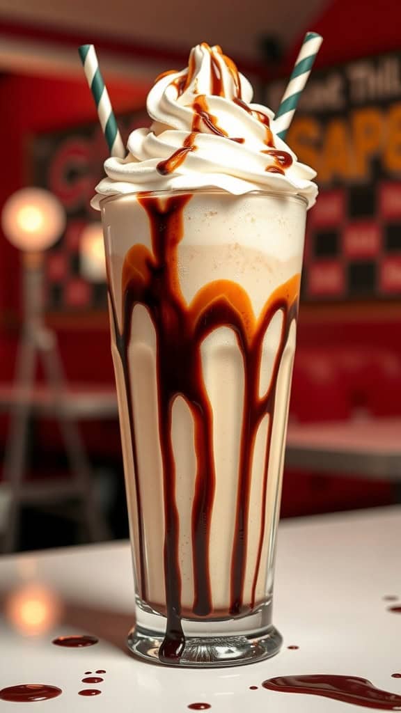 A delicious chocolate peanut butter milkshake topped with whipped cream and chocolate drizzle.