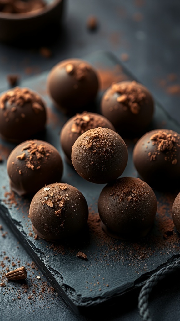 Delicious whiskey chocolate truffles on a slate board, garnished with cocoa powder.
