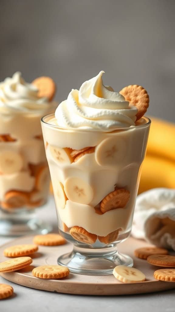 A delicious banana pudding parfait in a clear glass, layered with bananas, pudding, and topped with whipped cream.