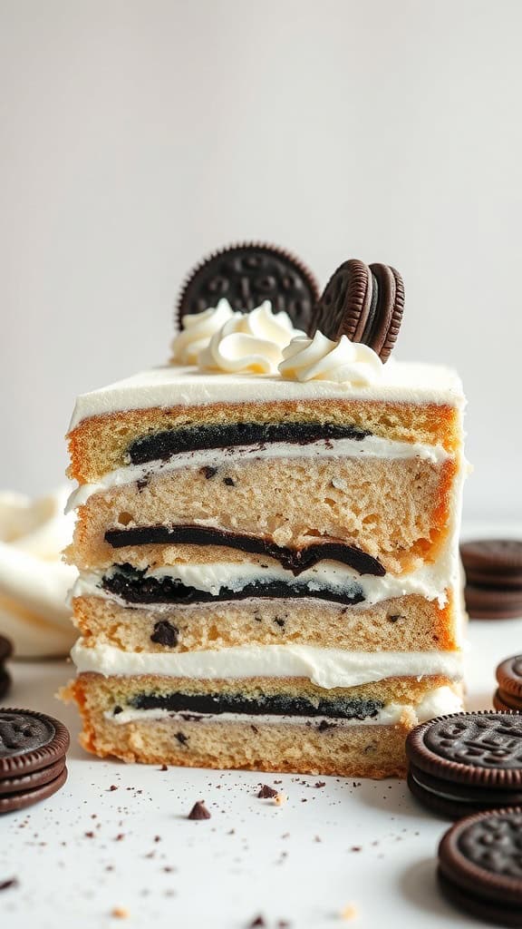 A delicious layered Cookies and Cream Icebox Cake topped with whipped cream and Oreo cookies.