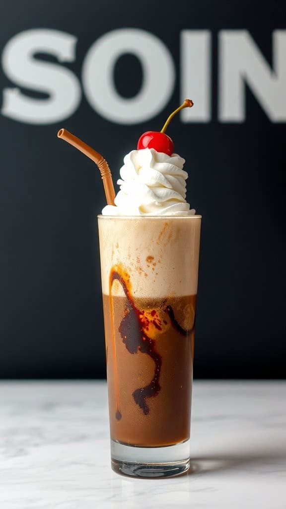 A delicious chocolate soda delight topped with whipped cream and a cherry.