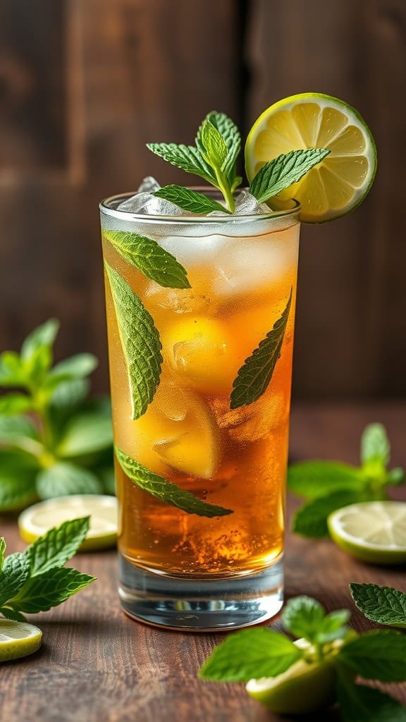 A refreshing Root Beer Mojito garnished with mint and lime on a wooden table.