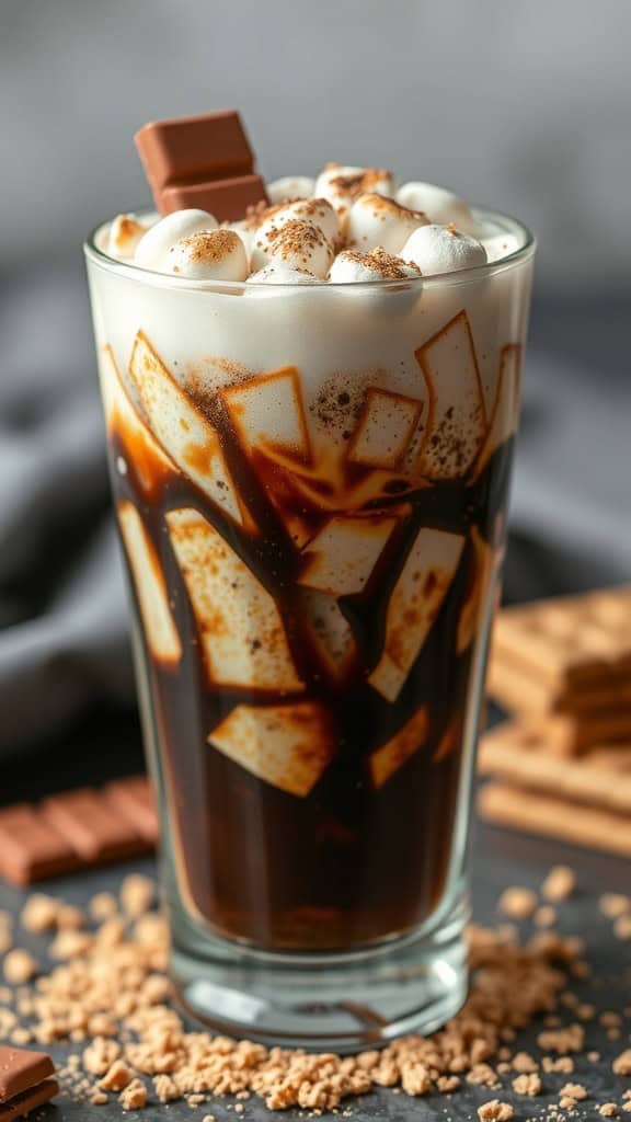 Delicious s'mores soda topped with marshmallows and chocolate pieces in a clear glass.