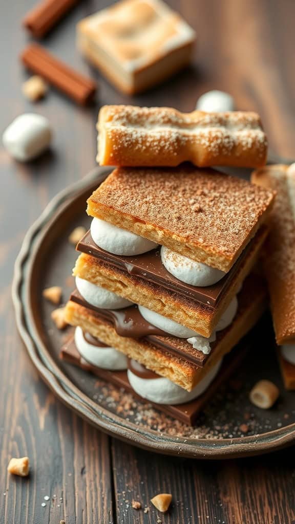A plate of Churro S'mores with layers of churro cookies, chocolate, and marshmallows.