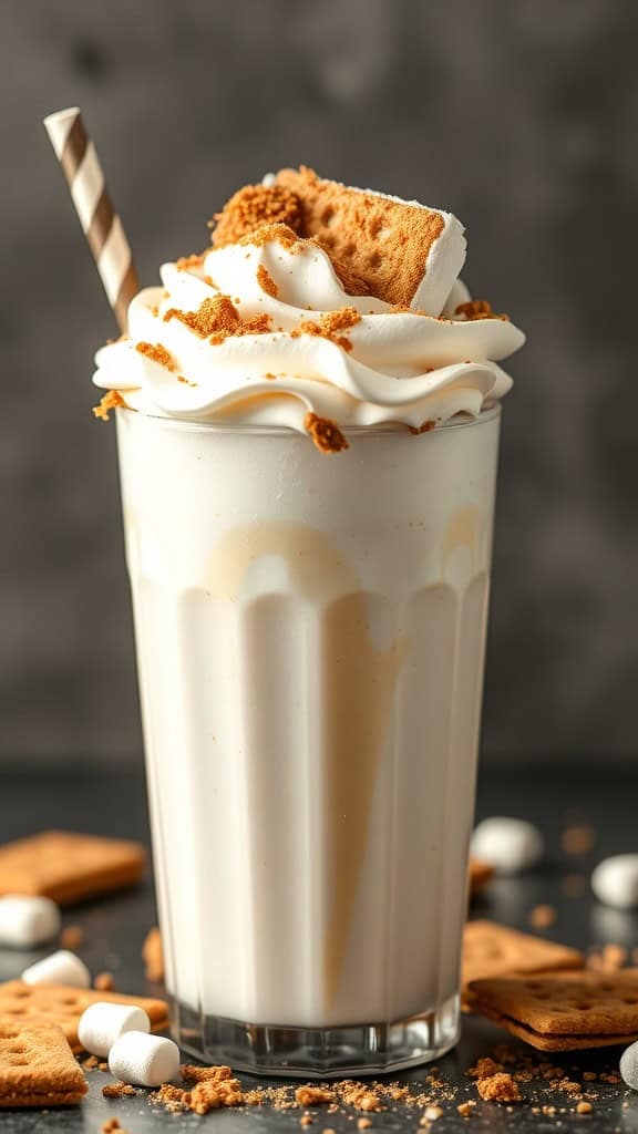 A creamy s'mores milkshake topped with whipped cream and graham cracker crumbs