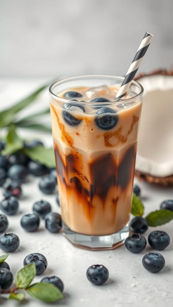 A glass of blueberry coconut iced coffee garnished with blueberries and mint leaves