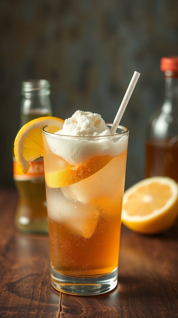 A refreshing ginger ale float with vanilla ice cream and a slice of lemon.