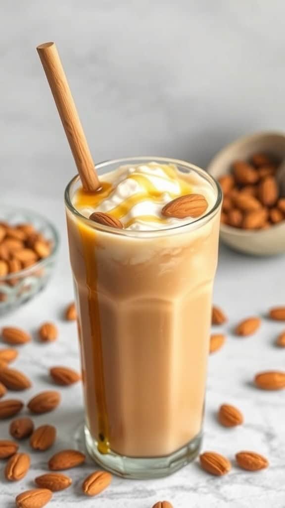 A glass of honey almond iced coffee with whipped cream and almonds, sitting on a marble countertop.
