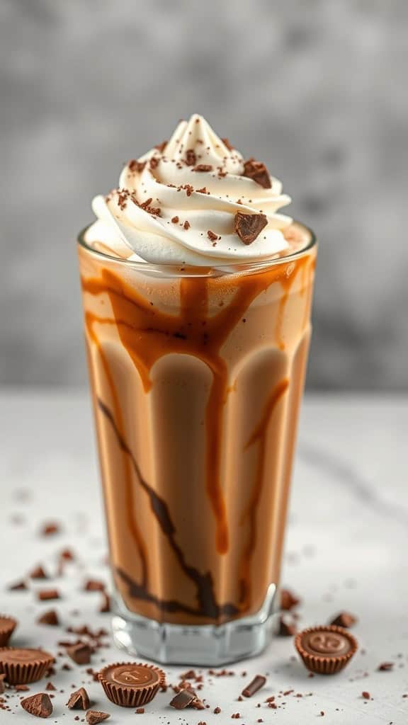 A delicious glass of Peanut Butter Cup Soda topped with whipped cream and chocolate shavings.