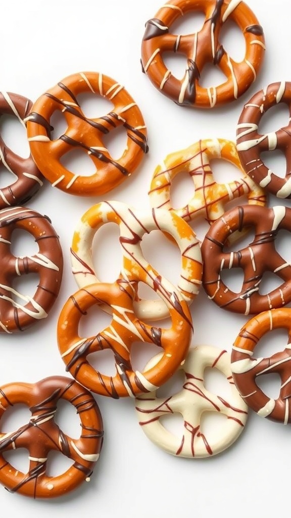 Chocolate covered pretzels with white and brown chocolate drizzles.