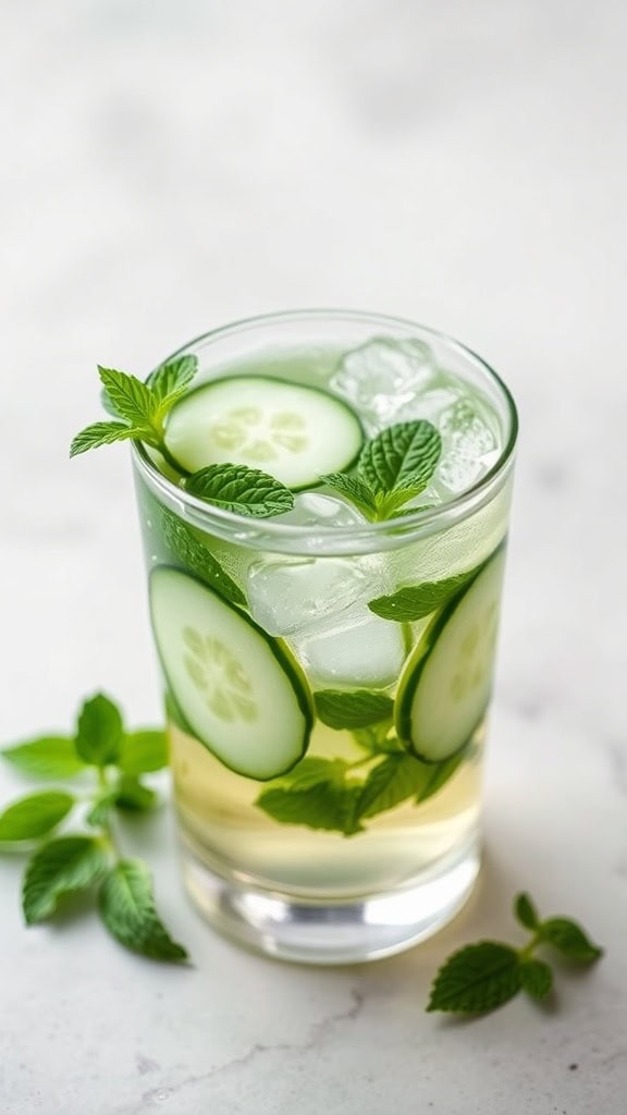 A refreshing cucumber mint mocktail garnished with mint leaves and cucumber slices.