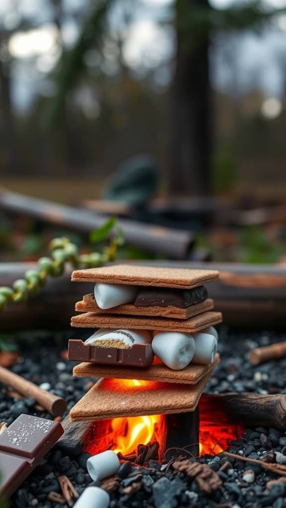 A stack of s'mores made with graham crackers, chocolate squares, and toasted marshmallows, surrounded by a warm glowing campfire.
