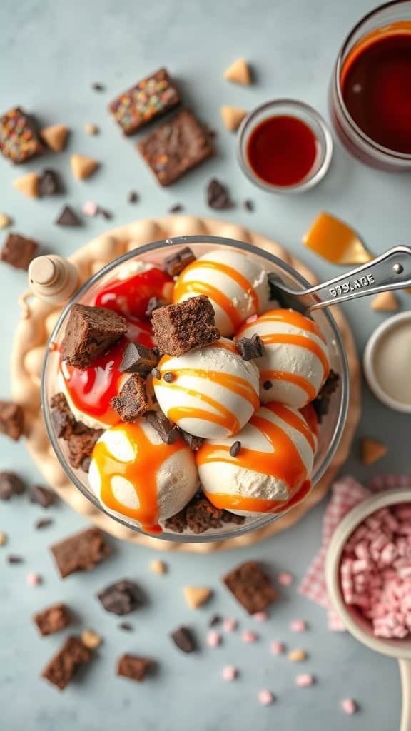 A delicious brownie ice cream sundae bar with scoops of ice cream, brownie bits, chocolate and caramel sauces.