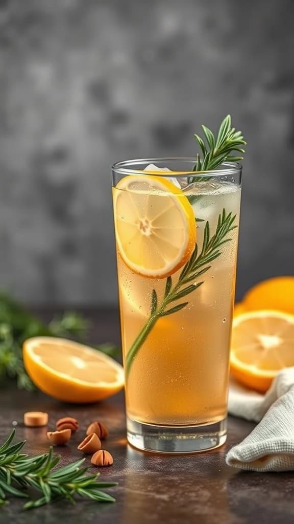 A refreshing glass of Ginger Beer Shandy with lemon slices and a sprig of rosemary.