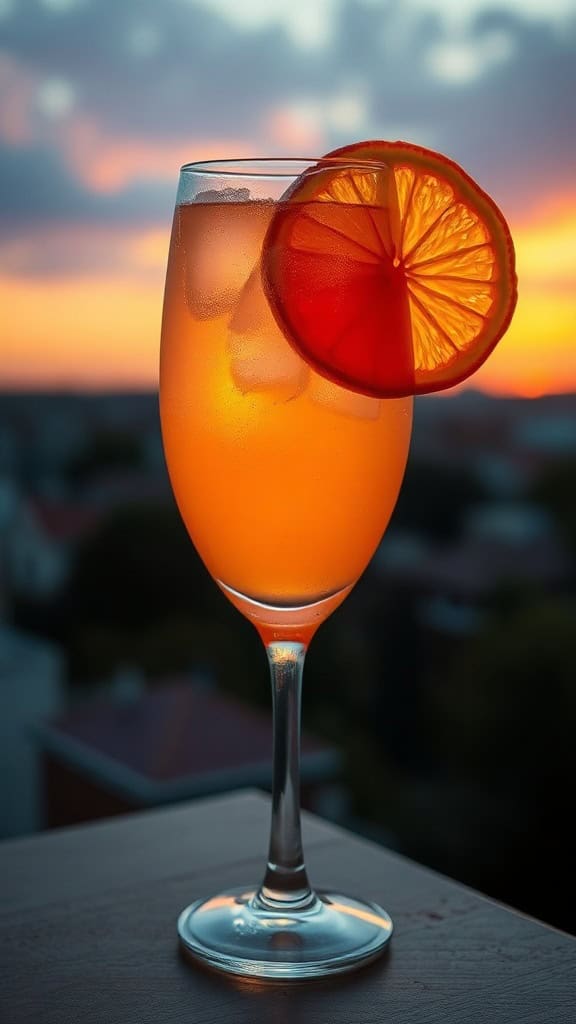 A refreshing Sunset Citrus Spritz drink served in a glass with ice and a slice of lemon, against a colorful sunset backdrop.