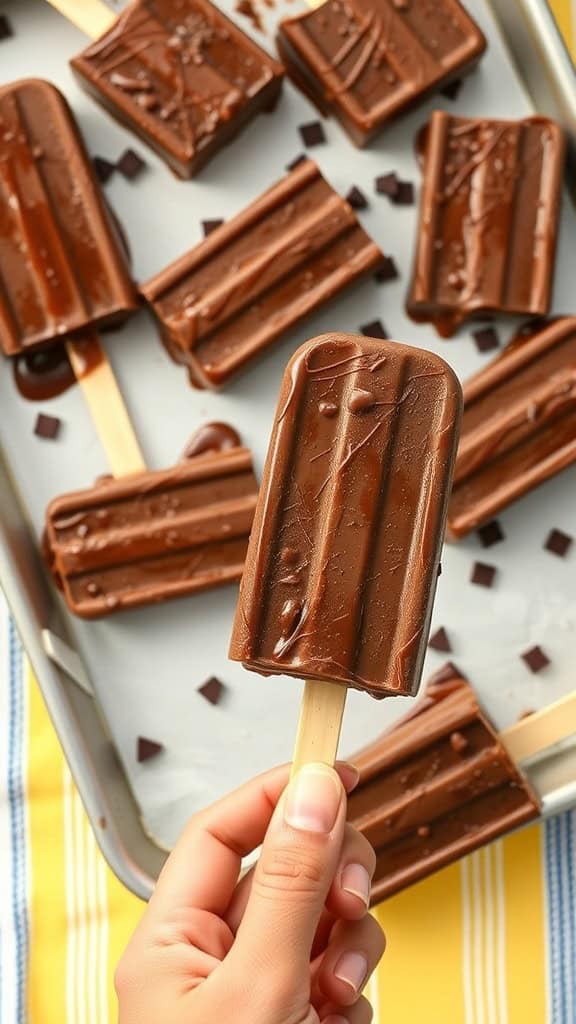 Chocolate fudge pops on a tray with one pop held up.
