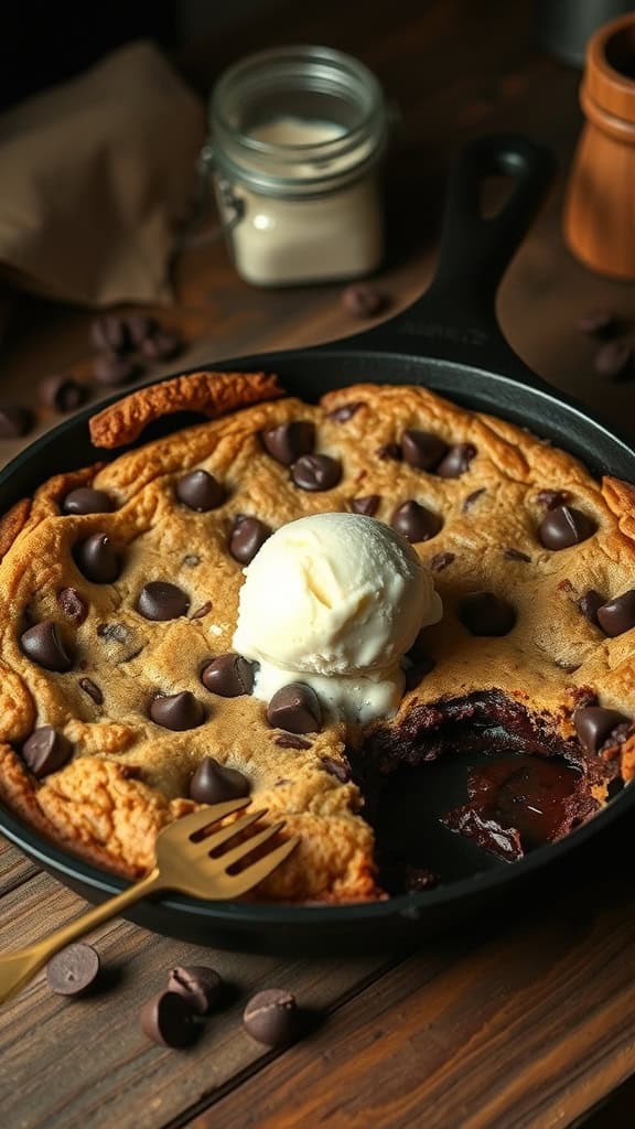 A delicious chocolate chip skillet cookie topped with vanilla ice cream, ready to enjoy.