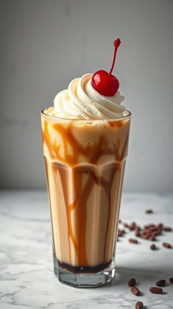 A tall glass of Vanilla Bean Iced Coffee Float topped with whipped cream and a cherry.