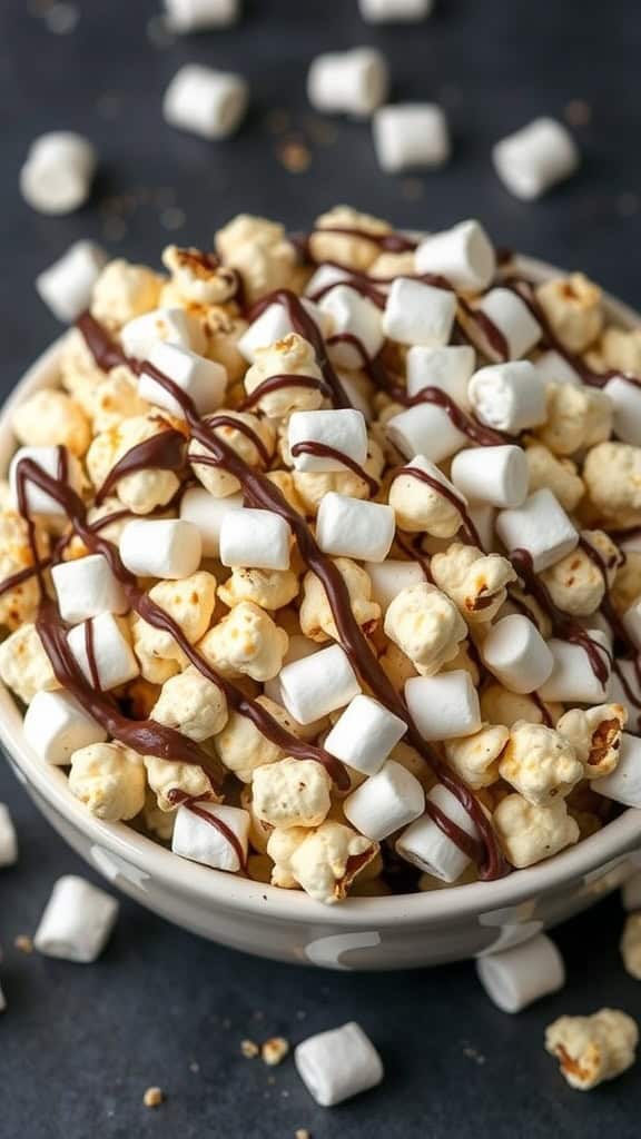 A bowl of S'mores Popcorn topped with mini marshmallows and drizzled with chocolate.