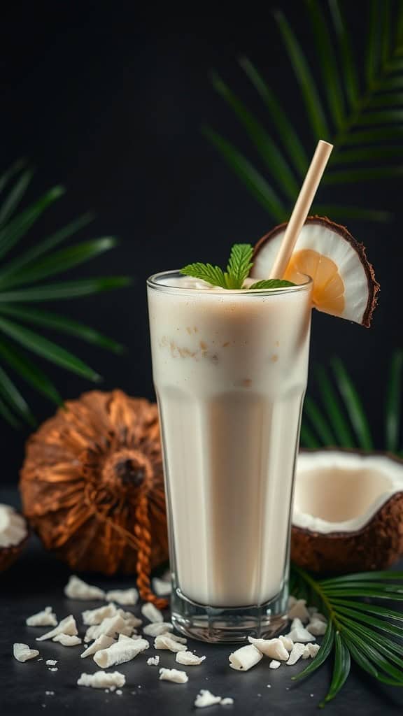 A refreshing coconut cream cold brew drink garnished with mint and coconut flakes.