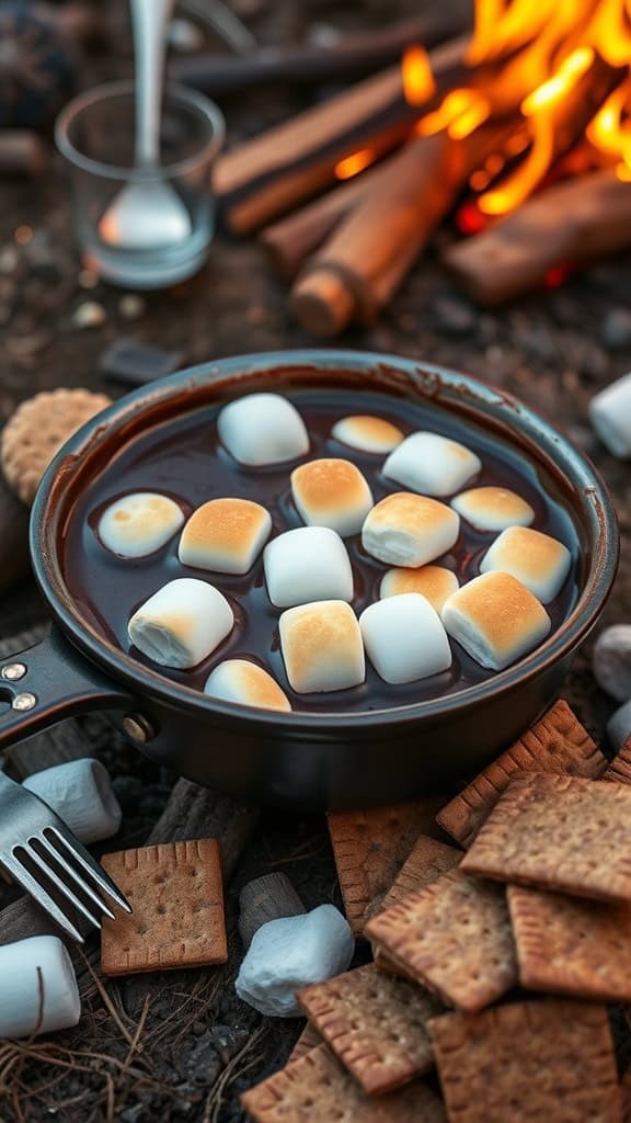 A warm s'mores dip with toasted marshmallows and graham crackers on the side.