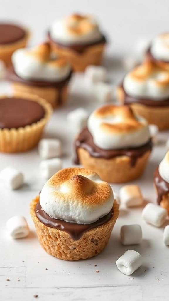 S'mores cheesecake bites with toasted marshmallow topping and chocolate ganache in a mini muffin pan.