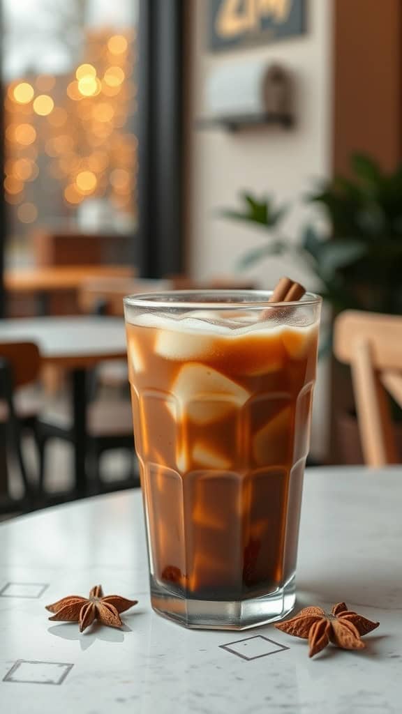 A refreshing glass of spiced chai iced coffee on a table with decorative elements
