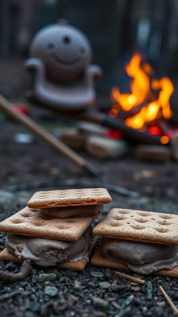 S'mores ice cream sandwiches with graham crackers and chocolate ice cream near a campfire.