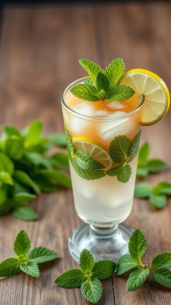 A refreshing Mint Mojito Iced Coffee with mint leaves and lime slices.