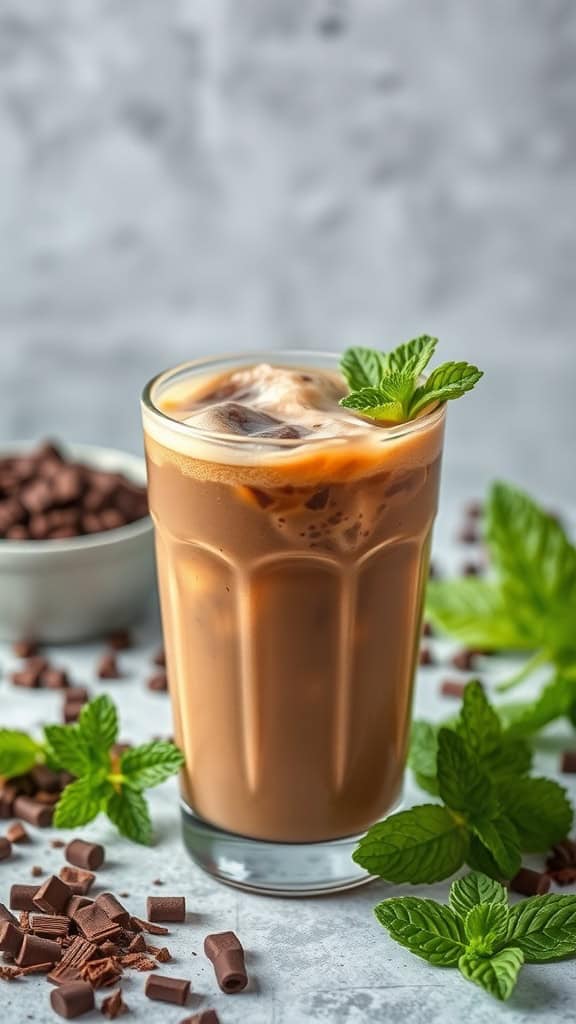 A glass of chocolate mint iced coffee garnished with fresh mint leaves, surrounded by chocolate pieces and mint leaves.
