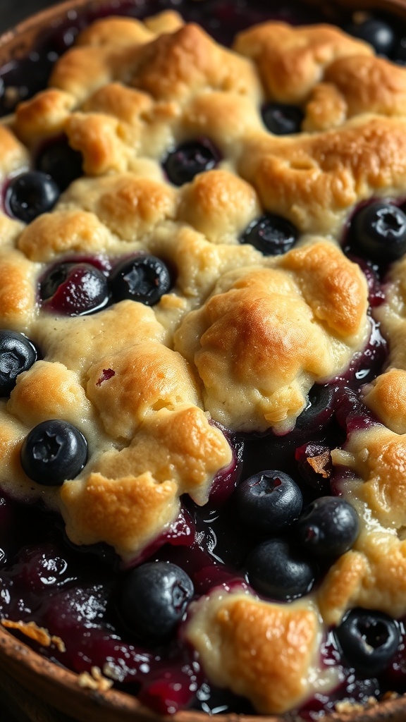 A delicious blueberry cobbler fresh out of the oven, featuring a golden crust and dark blue berries.