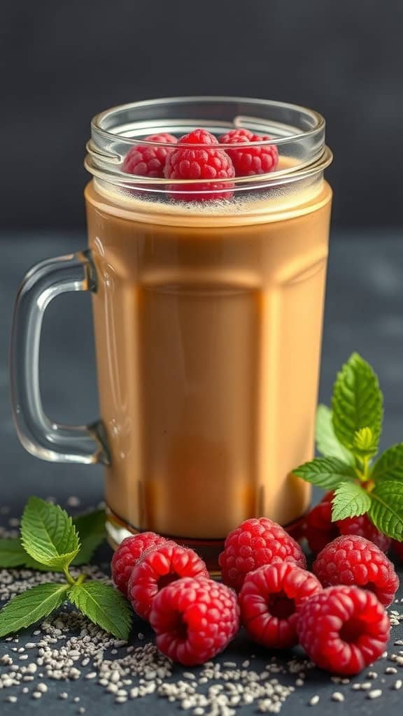 A glass of Raspberry Chia Seed Coffee garnished with fresh raspberries