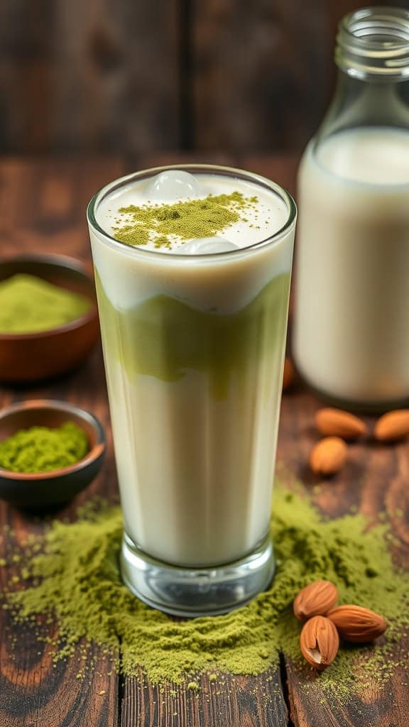 A refreshing Matcha Iced Latte in a tall glass with almond milk and matcha powder