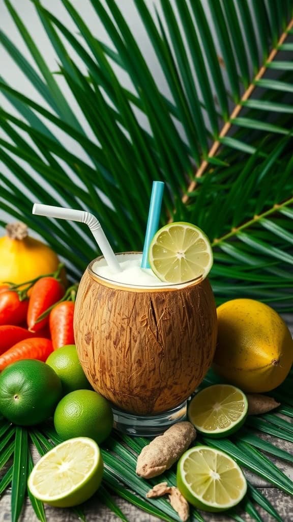 A refreshing Coconut Lime Cooler drink in a coconut shell, garnished with lime slices, surrounded by tropical fruits and green leaves.