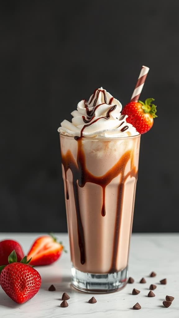 A delicious Strawberry Mocha Frappé topped with whipped cream and chocolate drizzle