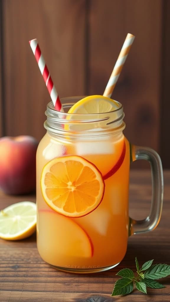 A refreshing peach iced tea lemonade in a mason jar with peach slices and mint leaves