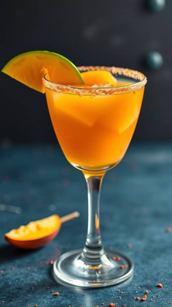 A vibrant Spicy Mango Margarita in a cocktail glass, garnished with a slice of lime.