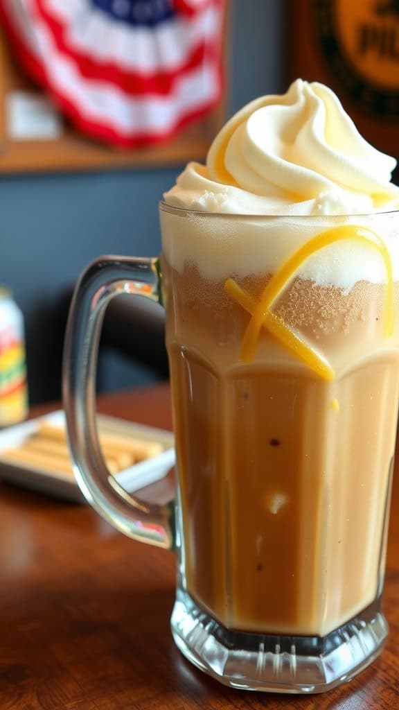 A classic root beer float served in a clear glass with whipped cream on top.