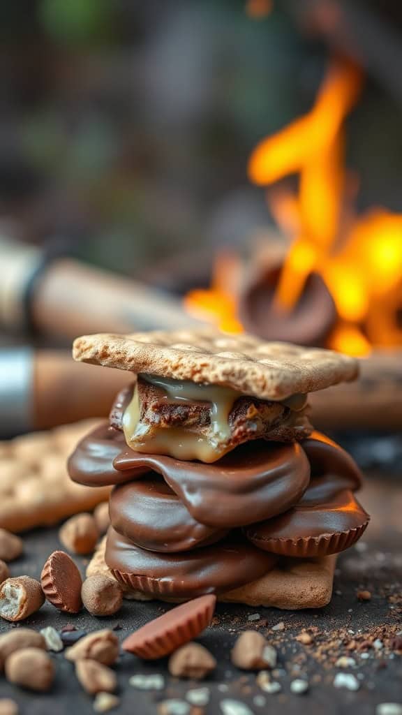 A stack of Peanut Butter Cup S'mores with a campfire in the background