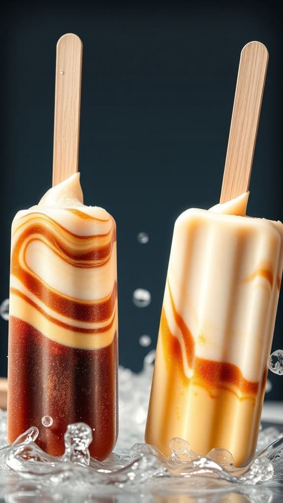 Root Beer Float Popsicles with wooden sticks, swirled colors of root beer and vanilla.