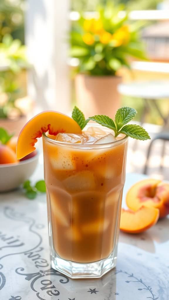 A refreshing glass of Peach Iced Coffee garnished with mint and a slice of peach, placed on a bright table.