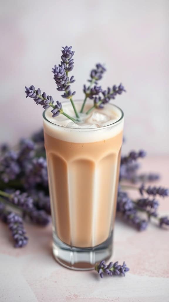 A refreshing iced lavender vanilla latte with lavender sprigs in a glass