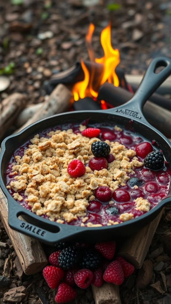 A skillet with berry crisp, sitting near a campfire with flames and logs.