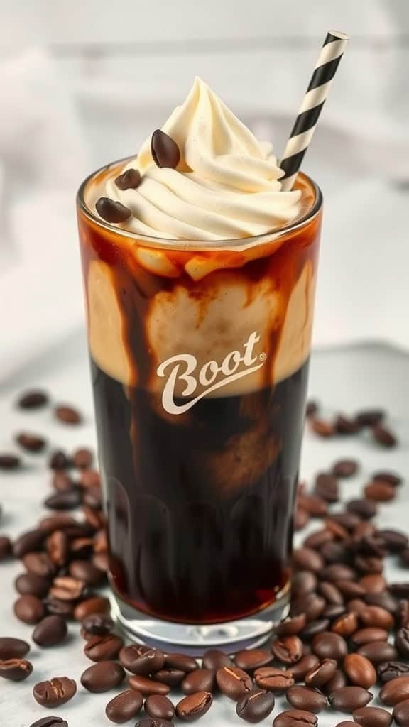 A tall glass of Coffee Root Beer Float topped with whipped cream and chocolate shavings.
