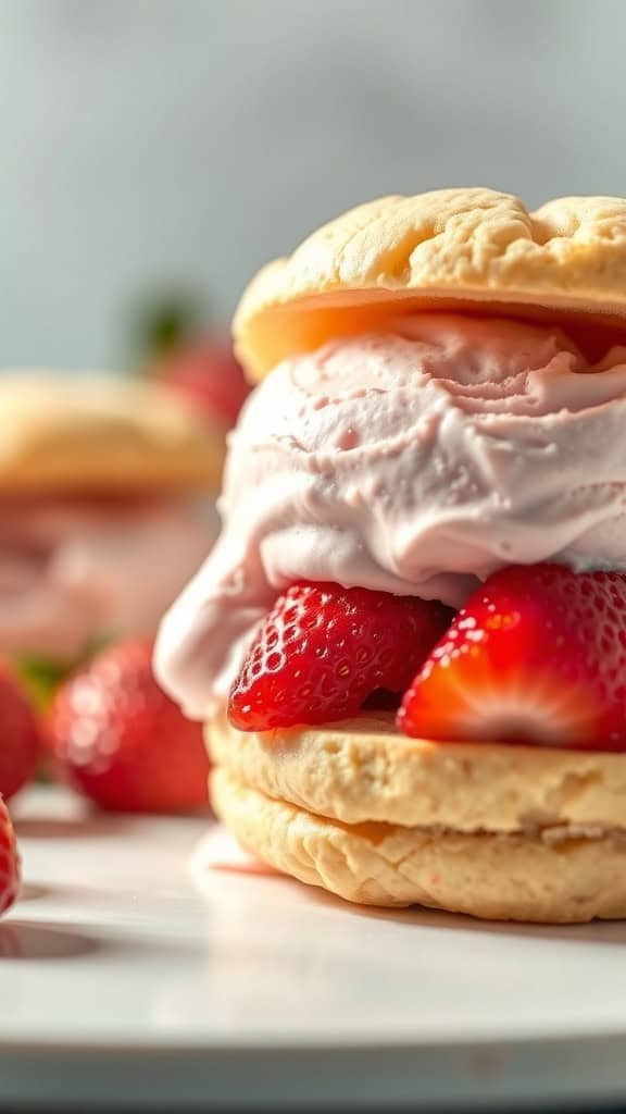 Strawberry shortcake ice cream sandwiches with fresh strawberries